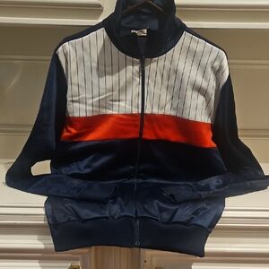 Vintage Navy and White Track Jacket with Red Stripe